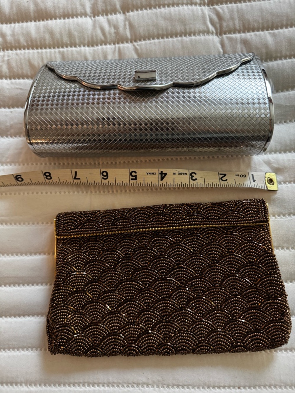 Silver Metallic Clutch and Brown Beaded Evening Pouch Set